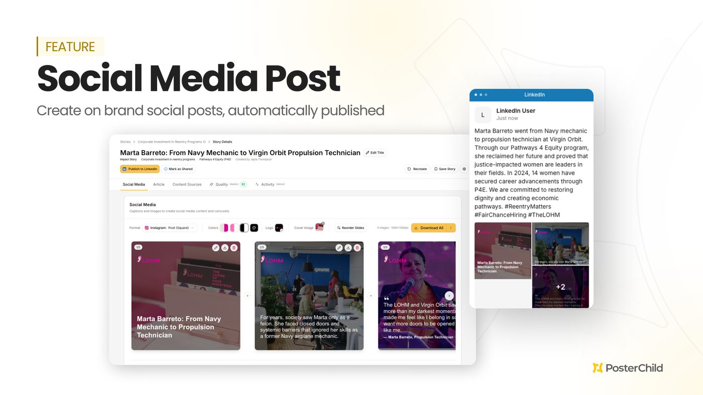 Capacity Accelerator — Social Media Post feature, generating on-brand story posts published to LinkedIn